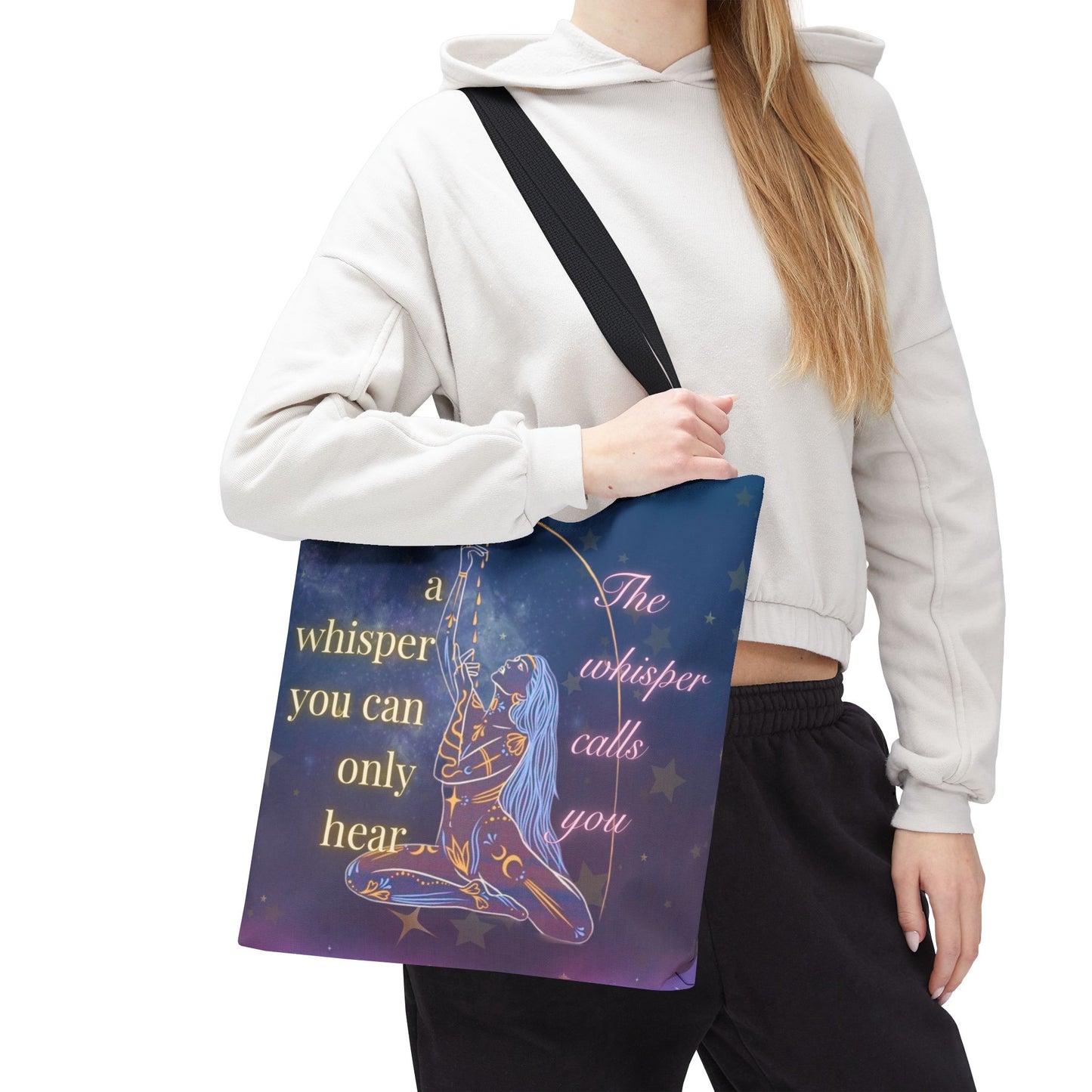 Whispers of the Universe Tote Bag – Goddess Moon & Stars Design | Spiritual, Empowering, Eco-Friendly Tote