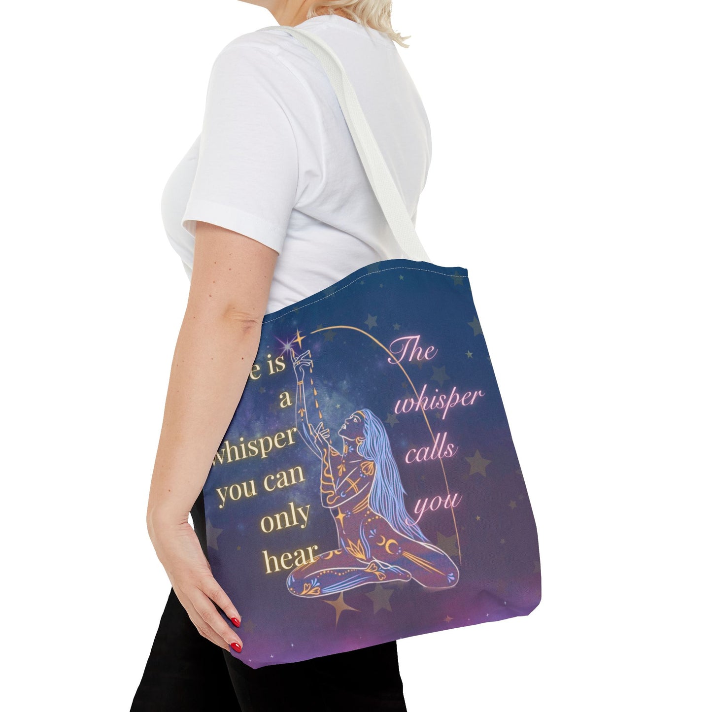Whispers of the Universe Tote Bag – Goddess Moon & Stars Design | Spiritual, Empowering, Eco-Friendly Tote