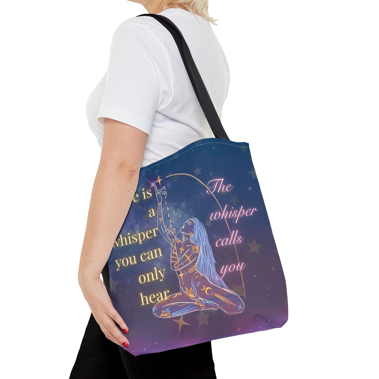 Whispers of the Universe Tote Bag – Goddess Moon & Stars Design | Spiritual, Empowering, Eco-Friendly Tote